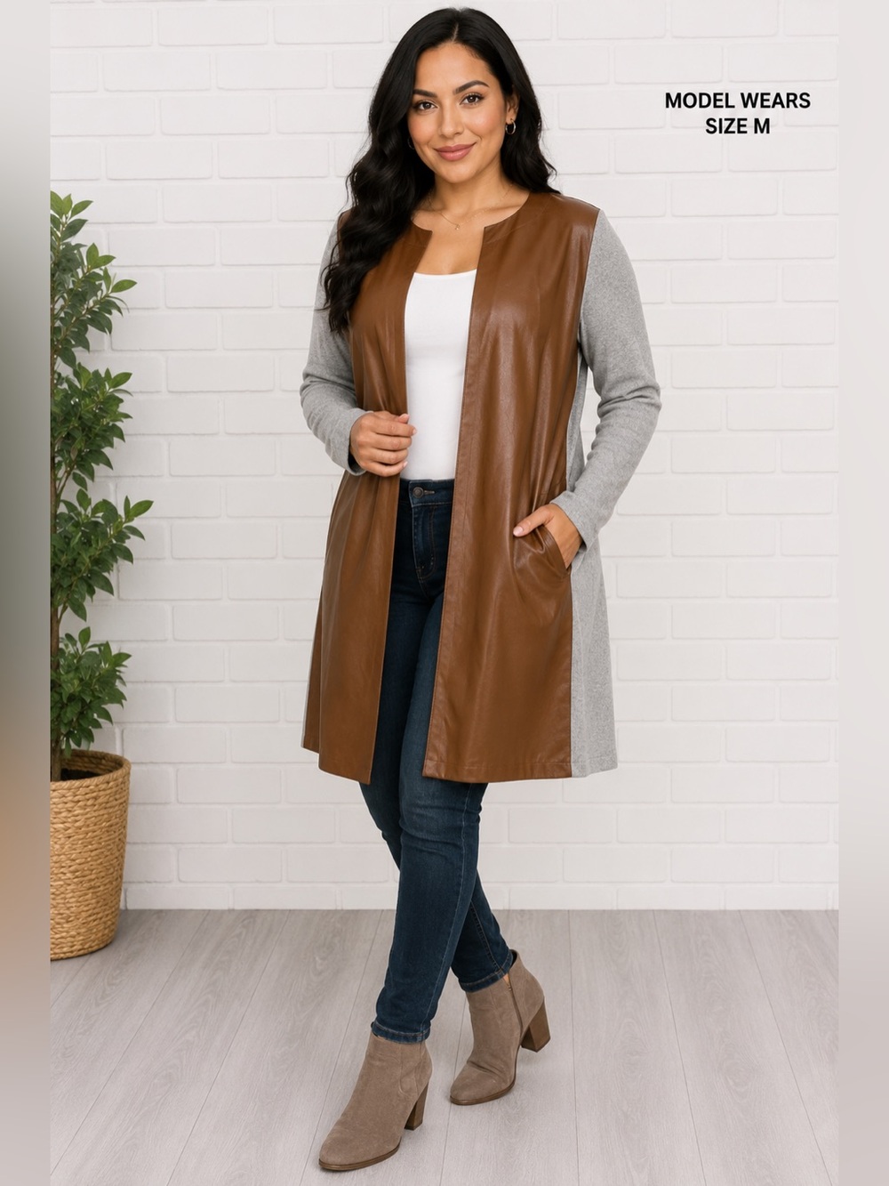 Brown and Gray Leather Jacket with Modern Contrast Sleeves